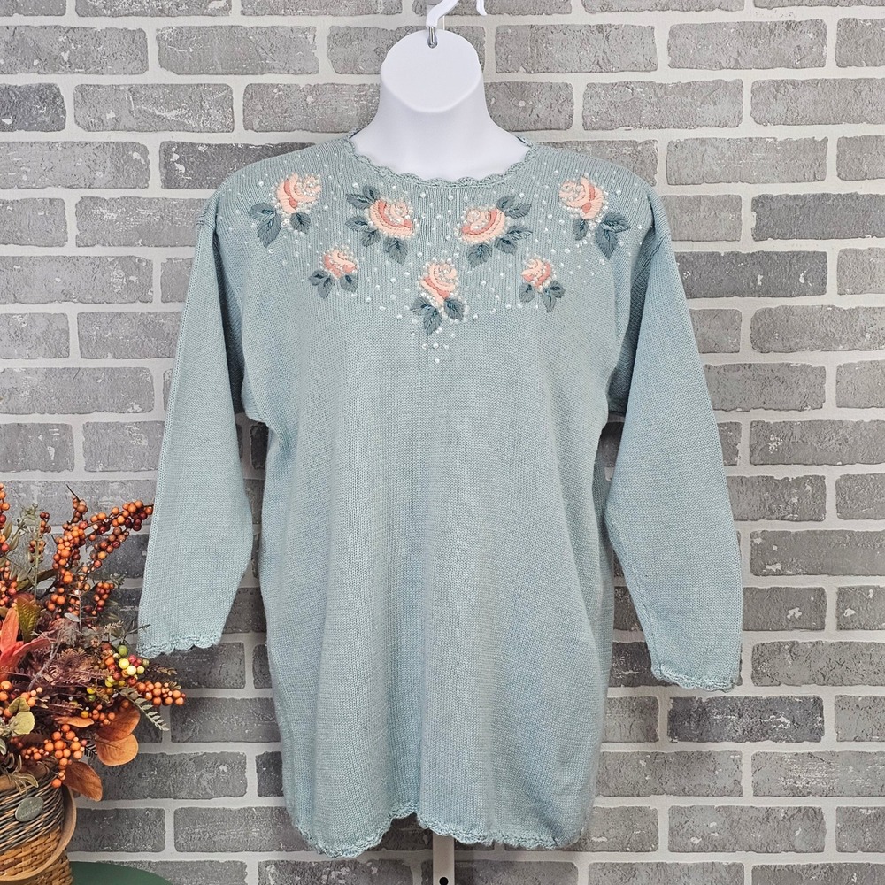 Kathy Lee 18W Sweater Embroidered Floral Beaded Pullover Cottagecore‎ Feminine